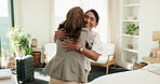 Excited, team and hug with women in hotel room for business partner, conference success and relax. Happy, seminar goal and corporate trip with people in bedroom for support, travel and opportunity
