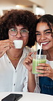 Face, couple and drinks in coffee shop with smile, bonding together and connection on weekend break. Happy, people and date at cafe with matcha, espresso and relax with partner for relationship.