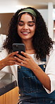 Connection, conversation or happy woman with phone for social media or communication in cafe. Female person, laughing or typing with smile on technology for mobile chatting, network or texting app