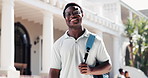 Outdoor, face and man with glasses, education or laughing with scholarship for academic development. Confident, portrait and happy person with backpack, knowledge and study opportunity in university