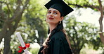 Thinking, woman and student with diploma at graduation, ceremony and mindset for future career. Smile, graduate and vision in nature with certificate, celebration and degree completion at university