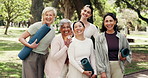 Face, mat and coach outdoor with yoga class, holistic exercise or laugh for funny workout session. Happy, mature women and yogi instructor with post training, community fitness and wellness support