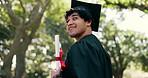 Thinking, man and student with diploma at graduation, ceremony and mindset for future career. Smile, graduate and farewell in nature with certificate, celebration and degree completion at university
