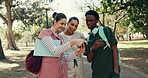 Laugh, university and friends with phone for video, funny meme and social media post outdoor. School, college and medical students on cellphone for internet, humor and joke for bonding on campus