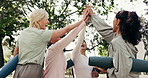 Mature, women and fitness coach with high five in park for workout mission, teamwork or success. Female people, active group or achievement with hands together or applause for health and wellness