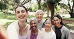 Face, selfie and fitness coach with mature group in park for outdoor memory, exercise or wellness. Portrait, personal trainer and women with smile for capture moment, photography or picture in nature