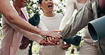 Mature, women and fitness with hands together in park for workout mission, teamwork or motivation. Female people, active group or piling with stack for outdoor exercise, health or wellness in nature