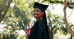 Thinking, black woman and student outdoor at graduation, ceremony and mindset for future career. Smile, graduate and vision in nature with certificate, celebration and degree completion at university