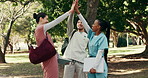Medical, students and high five for success at university, college and study for nursing program. Friends, outdoor and excited people celebrate for victory, exam results and support for education
