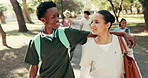 Hug, walking and med students at university for learning, nursing school and travel to class. Happy, friends and people in conversation on campus for education, medical course and bonding at college