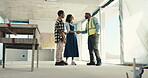 Contractor, couple and remodeling with handshake at construction for renovation with smile. Shaking hands, happy and client with builder for home improvement, discussion and agreement for expansion
