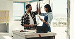 Couple high five and color palette for renovation, construction and happy with interior design. Man, woman and support with DIY success, tablet and remodeling progress with conversation and teamwork