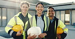 Engineer, face and smile with team, outdoor and confident with renovation project and career growth. Construction worker, portrait and happy people with pride, solidarity and property development