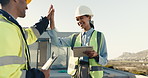 People, high five and inspection on construction site with tablet, quality assurance and project. Contractor, collaboration and smile with digital tech for engineer, approval and safety compliance