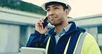 Architect, man or tablet with phone call for building inspection or safety on construction site. Male person, manager or civil engineer talking on technology for architecture security or maintenance
