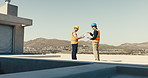 Men, meeting and inspection on construction site with tablet, quality assurance and project. Electrician, digital tech and people with blueprint for engineer, conversation and safety compliance