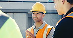 People, meeting and inspection on construction site with quality assurance, tablet and project. Supervisor, collaboration and team with digital tech for engineer, conversation and safety compliance