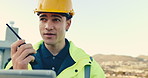 Man, radio and communication on construction site with tablet, quality assurance and project. Contractor, male person and digital tech for inspection with engineer, management and safety compliance