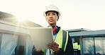 Woman, thinking and inspection on construction site with tablet, quality assurance and project. Contractor, female person and flare with digital tech for engineer, reflection and safety compliance