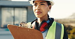 Woman, thinking and inspection on construction site with clipboard, quality assurance and project. Contractor, female person and checklist for building with PPE, reflection or engineering compliance