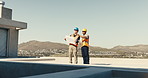 Men, discussion and inspection on construction site with tablet, quality assurance and project. Electrician, digital tech and people with blueprint for engineer, meeting and safety compliance