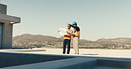 Men, conversation and inspection on construction site with tablet, quality assurance and project. Electrician, digital tech and people with blueprint for engineer, meeting and safety compliance