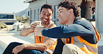Men, builder and cheers with coffee on lunch break for construction, building or rest together. Male people, contractor or laborer drinking with smile for recovery, teamwork or architecture project