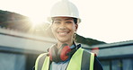 Face, engineer and woman at construction site with smile, pride and optimistic for building project. Flare, happy engineering supervisor or person outdoor with property development, PPE and about us.