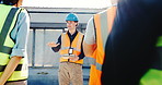 People, meeting and inspection on construction site with tablet, quality assurance and project. Electrician, collaboration and team with digital tech for engineer, conversation and safety compliance