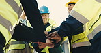 People, applause and construction team with hands together for building development or success. Architect, technician or laborer clapping with lens flare in circle or huddle for architecture project