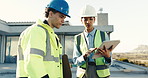 People, architect or tablet with electrician on construction site for maintenance or inspection. Man, woman or contractors with tablet or discussion for building safety, security or installation