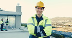 Face, construction worker and man with confidence outdoor, property development and career pride. Happy person, architecture or arms crossed at site for real estate building, manual labor or about us