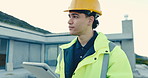 Builder, man or inspection with tablet on construction site for building design or project. Male person, contractor or laborer thinking with technology for architecture security or safety maintenance