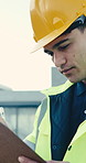 Man, writing and construction worker at site with clipboard, inspection and safety assessment report. Employee, person and review building with checklist, property evaluation or notes for compliance.