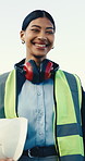 Engineer, face and woman with helmet, outdoor and confident for career growth on construction site. Civil engineering, portrait and happy person with hard hat, laughing and property development