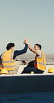 Men, team or high five on construction site for achievement, building development or congratulations. Lunch break, engineer and well done for inspection approval, renovation progress or collaboration
