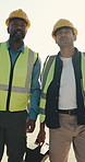 Men, walking and laborer with toolbox on rooftop for building maintenance or repair service. Male people, contractor or general workers with equipment for construction, installation or fix in city