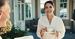 Spa, couple and woman with tea, relax and bonding on holiday break for anniversary with love. Mature partner, man and drink at resort for healthy relationship, care and happy at wellness retreat