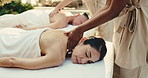 Spa, rest, and couple on bed for back massage with physical therapy, sleep or hospitality at resort. Hotel, luxury masseuse and mature people for stress relief, muscle reflexology or holistic detox