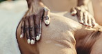 Cream, relax and back massage with hands at spa for holistic wellness, stress relief and healing. Person, cosmetics and skincare therapy with masseuse for peace, calm and pamper for luxury treatment