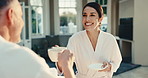 Cheers, woman or couple in spa with coffee, bonding or anniversary celebration in wellness resort. Smile, love or mature people with drink toasting, connection or happy moment on peaceful honeymoon.