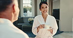 Spa, couple and woman with tea, talking and funny conversation on holiday for anniversary with love. Mature partner, man and drink at resort for health with care, relax and happy at wellness retreat
