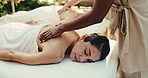 Spa, relax, and couple on bed for back massage with physical therapy, sleep or hospitality at resort. Hotel, luxury masseuse and mature people for stress relief, muscle reflexology or holistic detox