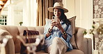 Happy, woman and check in at hotel with phone, online booking and room details for holiday travel. Smile, mature person and guest in waiting area with mobile, reservation and hospitality on vacation