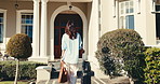 Back, woman and arrival at hotel with suitcase, check in and accommodation for holiday abroad. Female person, walk or front door for travel with luggage, guest service and resort entrance on vacation