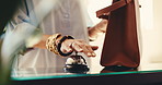 Person, hands or ringing with bell in reception desk for hotel accommodation or information service. Customer, resident or request with sound or alert for concierge, personal assistance or booking