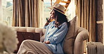 Travel, happy and woman at resort with thinking, trip reflection and calm moment on summer holiday. Relax, nostalgia or mature person with daydreaming, peaceful perspective or mindfulness on vacation