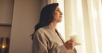 Thinking, coffee or woman in hotel room with window, trip reflection or drink aroma on holiday break. Below, smell or mature person with warm beverage, peaceful perspective or mindfulness on vacation