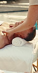 Hands, masseuse and man at spa with massage, recovery and treatment for muscle tension. Employee, mature person and skincare at salon for self care, pain relief and holistic therapy for body wellness