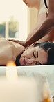 Hands, masseuse and woman at spa with massage, recovery and treatment for muscle tension. Person, customer and skincare at salon for self care, physical therapy and health benefits for body wellness